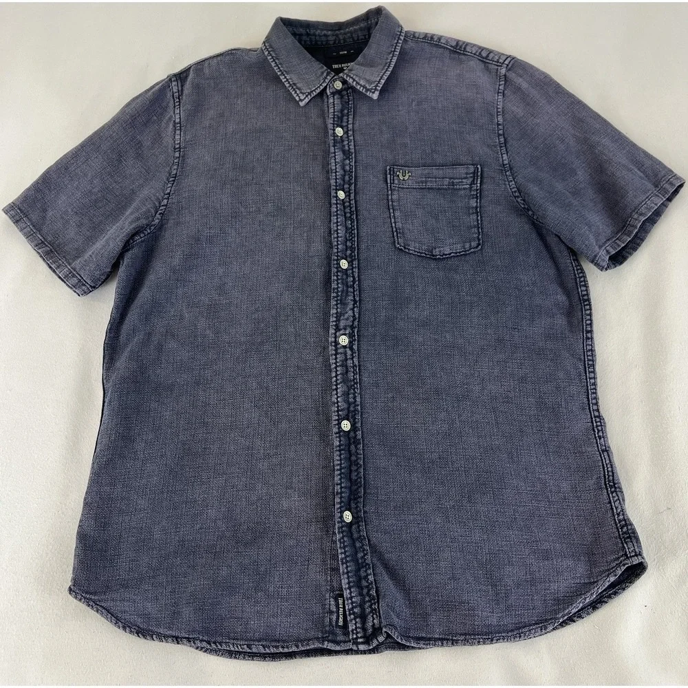 True Religion Men's Blue Western Button Down Short Sleeve Shirt Sz XL Slim